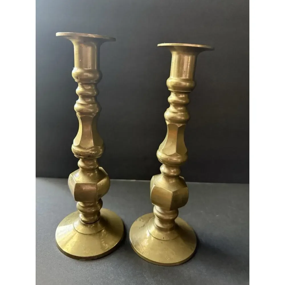 Vintage Brass Candlestick Holders Set (2) MCM Holiday Centerpiece Cottagecore